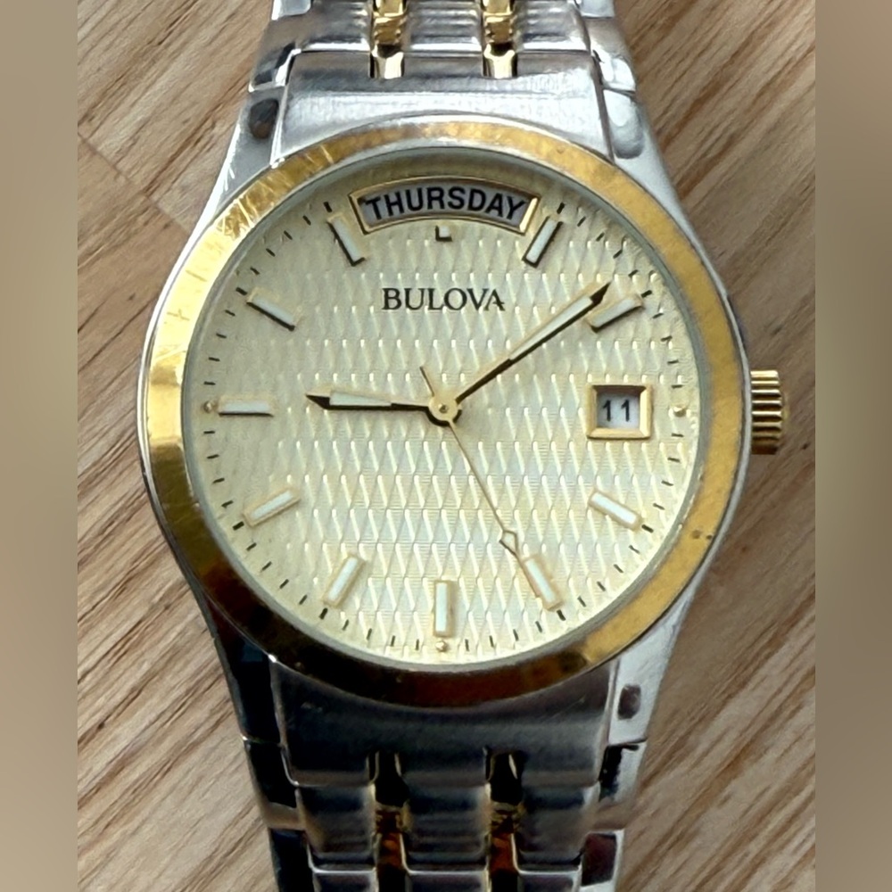 Bulova Luxury Men's Watch Gold Dial and Hands Two-Tone Bracelet Day Date Windows